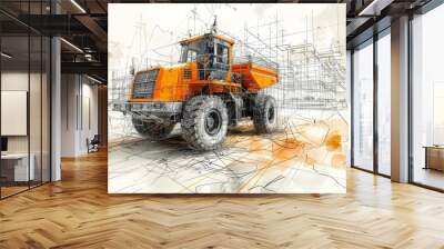 A construction machines, hand-drawn with blueprints and orange lines on white background, with design sketches of industrial buildings in the background  Wall mural