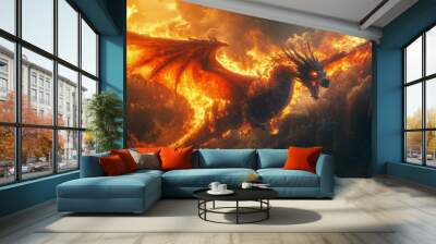 Fiery dragon flying over a burning landscape with glowing wings and intense flames, showcasing its power and fierce expression Wall mural