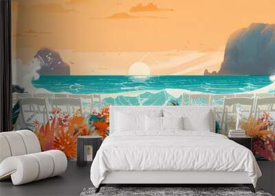 A beautiful tropical beach wedding setup with white chairs and vibrant floral decorations as waves gently crash against the shore at sunset. Wall mural