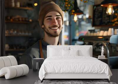 A cheerful young Caucasian male barista with a beanie smiles warmly in a cozy coffee shop setting. Wall mural