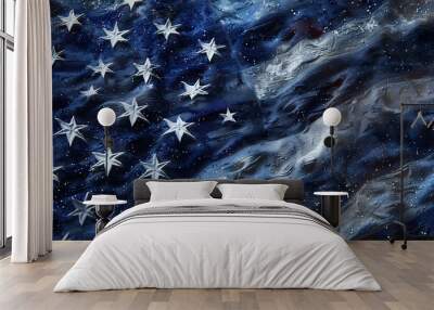 A close-up of a textured American flag with water droplets, showcasing a vibrant blue and white stars against a dark background. Wall mural