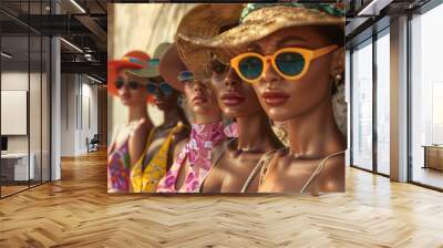 A diverse group of stylish mannequins showcasing summer fashion, featuring hats and sunglasses in vibrant hues against a textured background. Wall mural