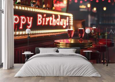 A festive bar scene featuring a vibrant 'Happy Birthday!' sign, with two glasses of sparkling drink on a table and a lively atmosphere. Wall mural