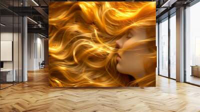 A serene young woman with flowing golden hair, showcasing a dreamlike quality as her locks cascade around her face in soft waves. Wall mural