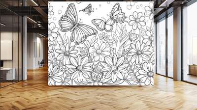 A whimsical line art featuring butterflies and flowers, perfect for coloring and creative expression. Wall mural