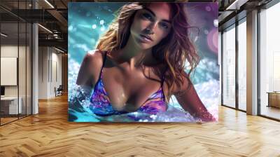 A young Caucasian woman with wavy hair poses in water, showcasing vibrant colored swimwear against a backdrop of sparkling blue waves. Wall mural