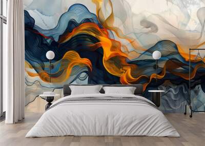 An abstract wave of flowing colors, featuring deep blues, vibrant oranges, and soft whites, creating a serene and dynamic atmosphere. Wall mural