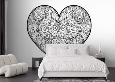 Intricate black and white heart design featuring swirling patterns and floral motifs, perfect for coloring or artistic inspiration. Wall mural