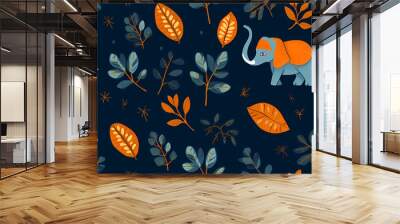 Playful blue elephants adorned with orange accents wander among colorful leaves in this whimsical design. Wall mural