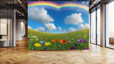 Vibrant field of flowers and rainbow Wall mural