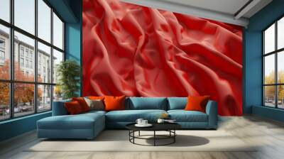 Wrinkled red satin fabric showcasing rich texture and vibrant color, perfect for elegant backdrops or fashion design. Wall mural