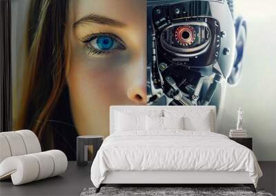 A woman face is split in half, with one half being a robot Wall mural