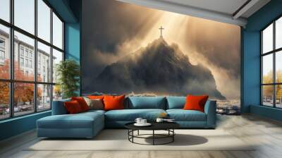 Dramatic Christian cross on the top of the mountain. Concept of strong faith and god wrath Wall mural