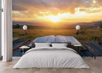 Open bible book on a wooden table at sunset with cross in front of it. Strong Christian faith Wall mural