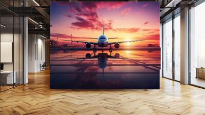 Plane landing at the airport at sunset with passengers and tourists returning from vacation Wall mural