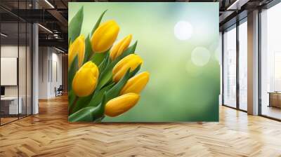 bouquet of yellow tulips on a blurred green background Wall mural