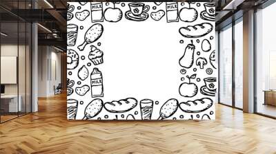 doodle food frame. icons of food, mushrooms, sweets, vegetables and fruits. vector food icons Wall mural