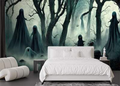 halloween illustration with skary ghosts and spiders in the dark forest on fog Wall mural