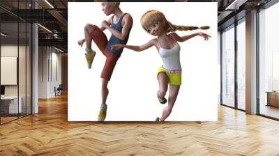 Illustration of a cartoon boy and girl dressed in excercise gear working out Wall mural