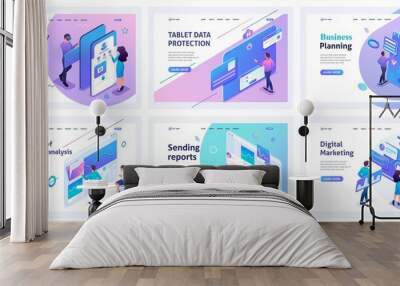 Collection isometric of business landing pages. Men and women manage business processes, planning, digital marketing, strategies Wall mural