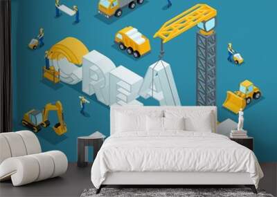 Isometric 3d Building business idea, creative, create. Working people in the construction work. Development plan of the invention.    . Wall mural