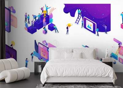 Isometric bright concepts with teenagers or young entrepreneurs to create websites and develop mobile applications Wall mural