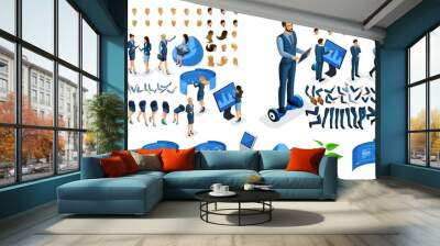 Isometric business lady and businessman with gadgets. Create your character, a set of emotions, gestures of hands, feet, hairstyles. Set 1 Wall mural