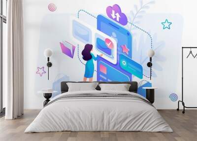 Isometric concept Young girl shopping online using smartphone and mobile app, paying by credit card. Concept for web design Wall mural