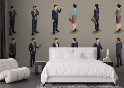 Isometric People businessmen, businessman and business woman, people in business suits during work, front view rear view isolated on a dark background. Vector illustration Wall mural