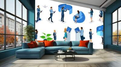 Isometric set of businessmen and business ladies with gadgets, high tech technology, smartphones, laptops, interactive screen, virtual reality, tablet, for vector Wall mural