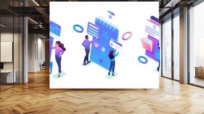 Isometric sets of concepts of young people's work on smartphone screens. Bright design for advertising concepts and web design development Wall mural