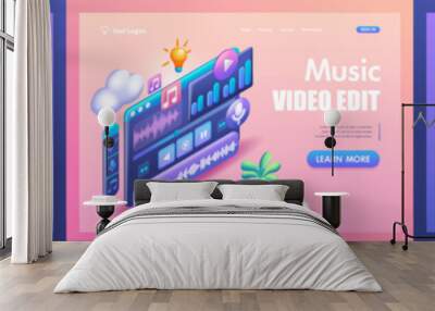 Kit Trending Landing Pages, 3D Isometric, cartoon. UI-UX design, Music Video Editor, Data Security. Vector illustration Wall mural