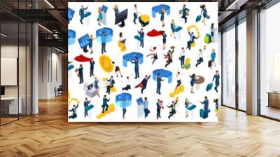 Large set of isometric, 3D Businessmen and businesswomen with gadgets . And Set emotions. Front and rear view Wall mural