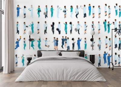 Large set of isometric, 3D Health workers, medical staff, nurses, doctors. Recruitment of doctors work with patients Wall mural