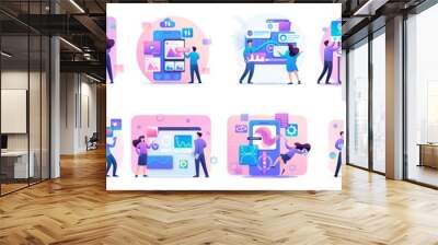 large set of mini concepts of teenagers work on smartphones, tablets, managing gadgets. basis for we Wall mural