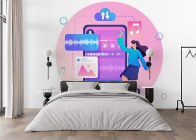 Young teenage girl listening to music, music lover. Flat 2D character. Concept for web design Wall mural