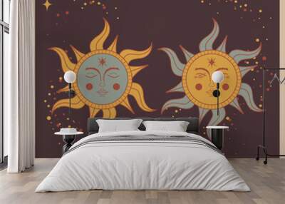 an illustration with two symbols of the sun with open and closed eyes Wall mural