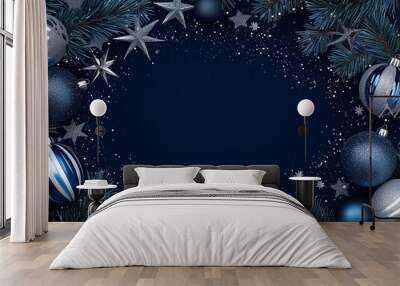 Elegant blue and silver holiday decorations with ornaments and stars on a dark background for seasonal celebrations Wall mural