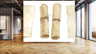 Set of watercolor illustrations of old paper sheets and scrolls isolated on a white background. Wall mural