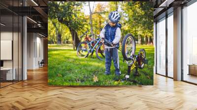 Subject child and profession. A little blond Caucasian boy uses a bicycle pump, pumps air into a tire wheel bicycle, a child repairs a bicycle in a meadow in a park in autumn Wall mural