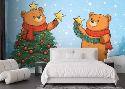 Two cheerful bears decorating a Christmas tree with festive ornaments and stars in a snowy winter landscape Wall mural