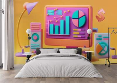 3D illustration for online marketing concept. Icons like charts, graphs, and computer display for market research and business promotions. A vector illustration for modern web designs. Wall mural