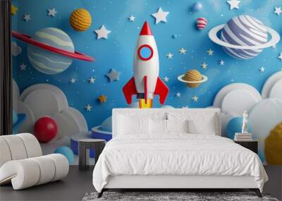 3D kid podium stage with space rocket, galaxy planets and stars. Kids podium stand on background with cartoon toy rocket spaceship and galaxy planets in sky with stars for product display. Wall mural