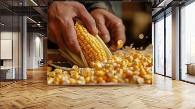 A person peels back the layers of a corn cob, revealing its golden kernels. The image evokes the harvest season and the preparation of a traditional Thanksgiving meal. Wall mural