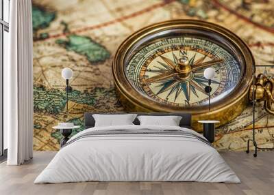 Antique compass resting upon a global map, evocative of travel, geography, historical chronicles, navigation, tourism, and voyages of discovery. Wall mural