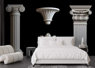 Architectural elements in white marble or gypsum, evoking ancient Greek and Roman art. Sculptures, ornaments, and architectural details drawn by hand, isolated on a black background. Wall mural