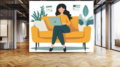 Asian woman on a sofa uses a laptop and credit card to shop online, making a purchase and payment for her business. Wall mural