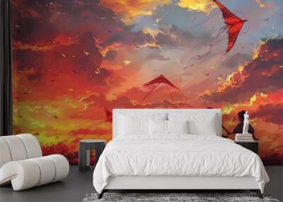 Children gleefully fly kites against a vibrant sunset, symbolizing the joy and innocence of youth. Wall mural