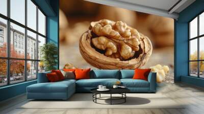 Close-up of a walnut with its shell cracked open, revealing its edible kernel. Wall mural