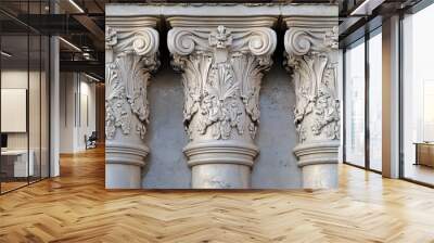 Decorative Greek columns from ancient Roman architecture. Corinthian pillars or wall ornaments in antiqued style. Carved marble construction decor. Stone parts of historical buildings. Wall mural